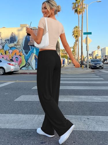 Image of Trendy Queen 2 Piece Matching Summer Lounge Set Womens Side Ruching Top Wide Leg Pants Sets with Pockets