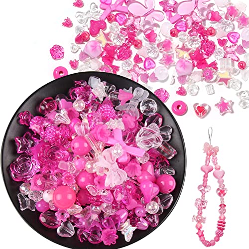 Juimtien 150g(170~230pcs) Aesthetic Acrylic Assorted Beads Cute Beads for Jewelry Making Kawaii Flower Heart Star Butterfly Bow Round Beads Bulk for Bracelets Making Necklaces DIY Crafts, 9-Rose Red