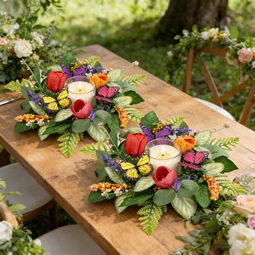 Image of 4 PCS Summer Lavender Tulips Candle Rings Wreaths Artificial Floral Pillar Candle Holder Wreaths with Butterfly Mini Spring Summer Candle Rings for Table Centerpiece Home Farmhouse Cabinet Porch Decor