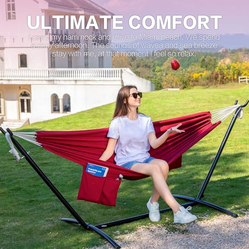Image of PNAEUT Double Hammocks with Stand for Outside, Portable Space Saving Heavy-Duty Steel Stand for Indoor Outdoor Patio with Carrying Bag, 450 lbs Capacity (Cherry)