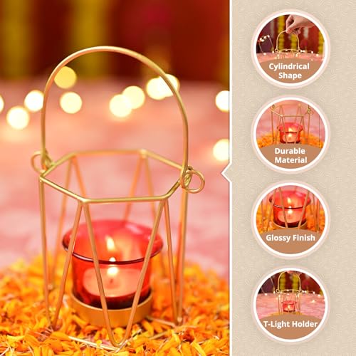 Image of MARKET 99 Iron & Glass Single T-Light Holder | Romantic Cylindrical Tealight Candle Stand for Valentine's Day Decor & Gifting | Diwali, Christmas, Birthday & Wedding Decoration | Red & Golden Matte