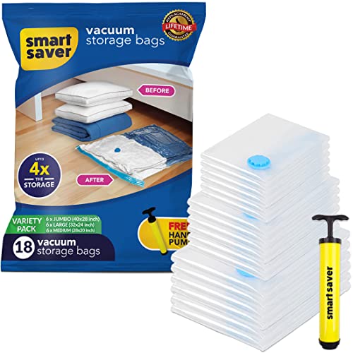 Image of 18 Pack Smart Saver Vacuum Bags for Travel, Space Saver Bags (6 Jumbo /6 Large /6 Medium) Compression Storage Bags for Clothes, Pillows, Comforters, Vaccine Sealed Compression Packing Bag with Hand Pump