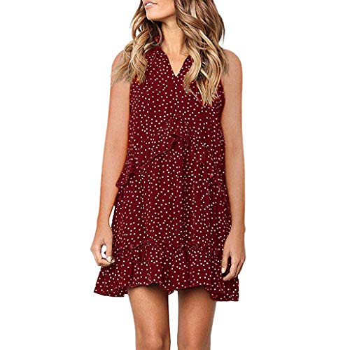 Jareina Womens Sleeveless Summer Short Dresses Casual V-Neck Ruffle Polka Dot Design Skirts Beach Holiday Sundress (S, Red)
