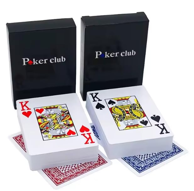 Bettecso Set de 2 Barajas, Poker Club Cartas 100% Plástico, 54 Cartas por Baraja, Roja y Azul, 6,3 x 8,8 cm, con Comodines Joker, Juego Poker Texas Hold'em