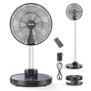 FARADAY Oscillating Standing Fan 12â Foldable Portable Quiet Floor Fan 12000mAh Rechargeable Pedestal Fan with Remote, Timer Setting, Height Adjustable Foldaway Fan for Bedroom Home Office, 6 Speed