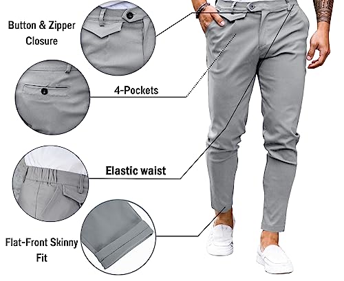 Image of Mens Chinos Slim Fit Pants Stretch Tapered Dress Pant Casual Trousers | Skinny Slacks, Flat Front Design, Stretch Cotton Fabric, Solid or Plaid, Work Dress Pants, Business Casual Wear