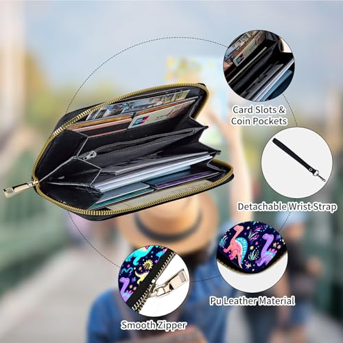 RFID Blocking Wristlet Wallet for Women, Slim PU Leather Clutch Purse with Zipper, Small Credit Card Holder with Wrist Strap, Travel Zip Wallet for Ladies,Cute Dinosaurs4