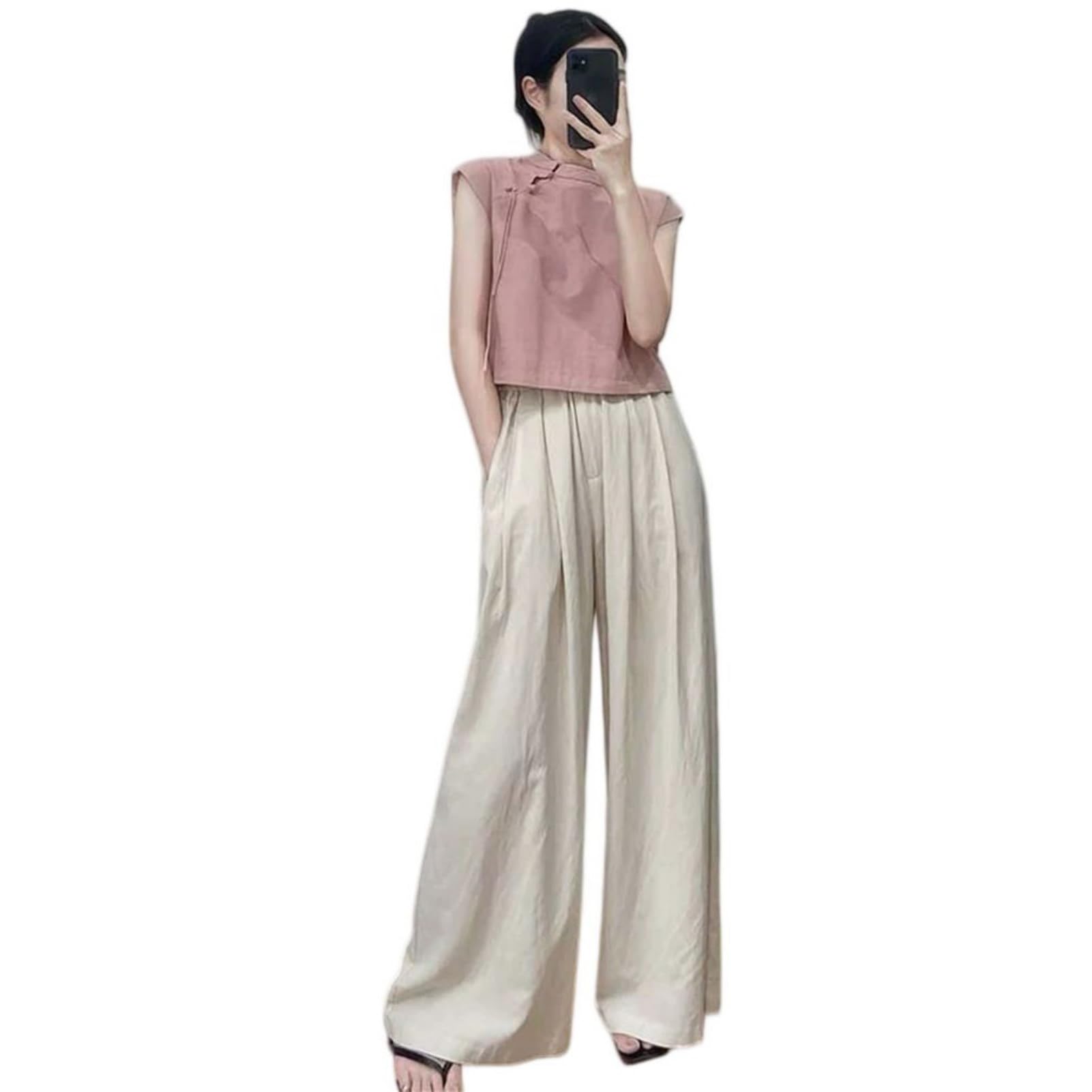 Conjunto de dos piezas con pantalones palazzo de pierna ancha y fresco tejido de lino 5