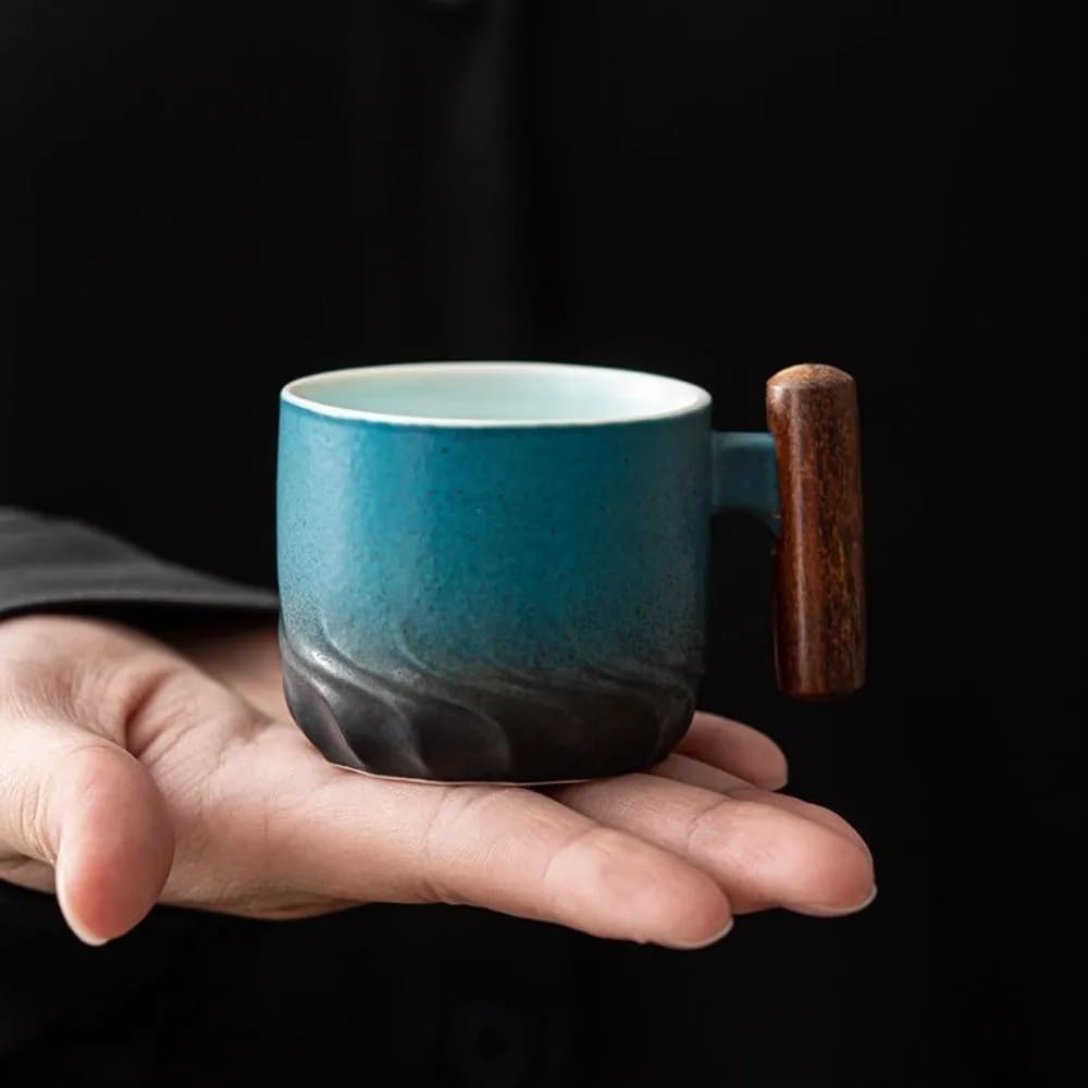 Tasse à café rétro en céramique avec Filtre à Eau et poignée en Bois