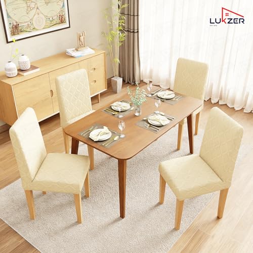 Image of Lukzer Elastic Dining Chair Cover - 6PC Pastel Yellow Diamond | Textured High Stretch Jacquard Seat Cover | Removable Washable Short Dining Chair Cover Protector Seat Slipcover | (CC-156-06)