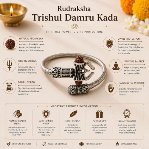 Image of Rudraksha Trishul Damru Kada for Men & Women | Adjustable Stainless Steel Open Cuff Bracelet with Rudraksha Bead | Lord Shiva Inspired Spiritual Wrist Kada | Silver Finish