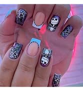 24 Pcs Halloween Press on Nails Short French Tip Fake Nails Full Cover Coffin False Nails with Sk...