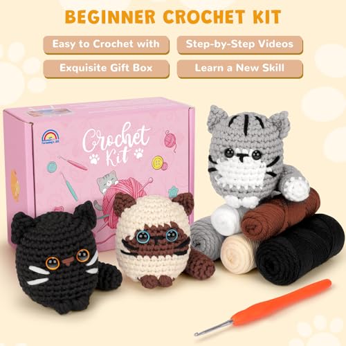 Image of Fortuning's JDS Crochet Kit for Beginners, Cat Crochet Kit for Adults Beginner, Complete DIY Crochet Starter Kit with Step-by-Step Video Tutorials, Easy Knitting Kit Cat Crochet Gifts