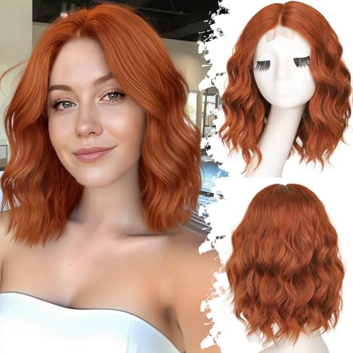 Eawwii Copper Short Wavy Wig for Women Lace Hairline...