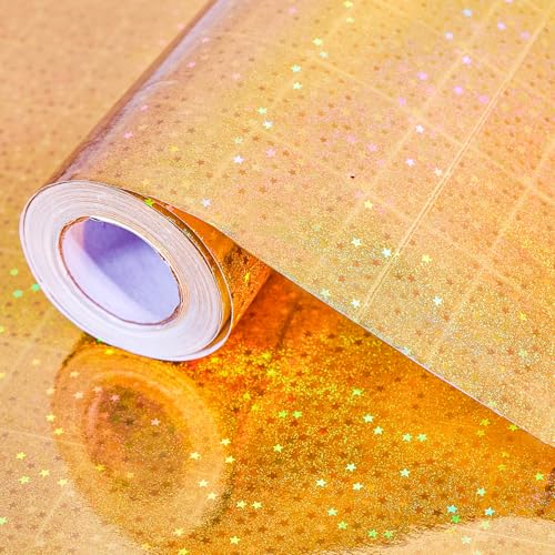 Holographic Wrapping Paper Roll 43cm x 10m Shiny Metallic Gift Wrapping Paper Stars Gift Wrap for Birthday Party Wedding Baby Shower Holiday Christmas (Gold)