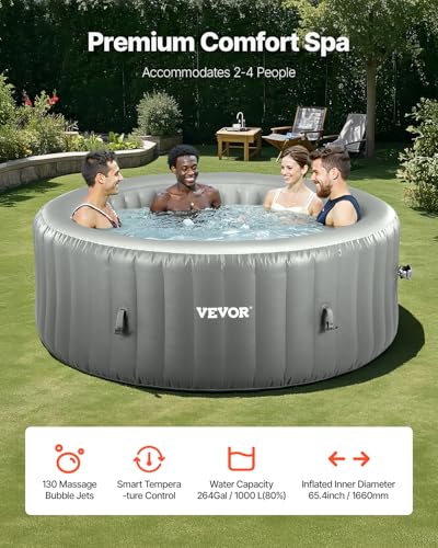 VEVOR aufblasbare Badewanne für 4 bis 6 Personen (208 x 66 cm), rund & tragbar, mit 130 wohltuenden Düsen & Filter & Abdeckung & Matte & multifunktionalem Bedienfeld, PVC Spa-Pool Outdoor, grau