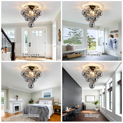Image of Modern Sputnik Ceiling Light Fixture 2 Light Flush Mount Chandelier with 11 Glass Globe Black Dining Room Light Fixture for Living Room Master Bedroom Kitchen Farmhouse