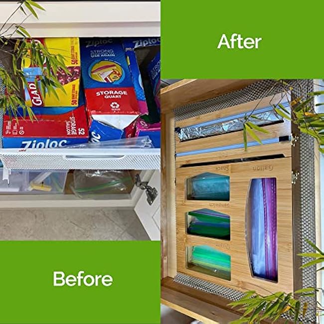 Bamboo Drawer Organizer for Ziplock Bags - Foil and Plastic Wrap Organizer Meal Prep Bag for Food Packet - Storage Holder Plastic Wrap Dispenser with Cutter Aluminium foil Kitchen Organizer