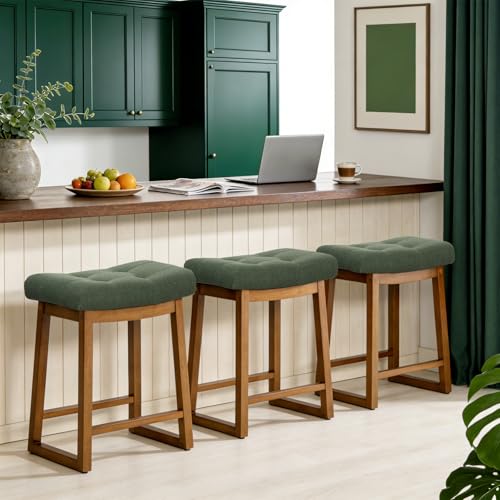 Image of Bar Stools Set of 3, Backless Counter Height Bar Stools, 24 Inch Modern Saddle Bar Stools with Walnut Legs & Upholstered Fabric Seat, Wooden Counter Stools for Kitchen Island, Home Bar, Green