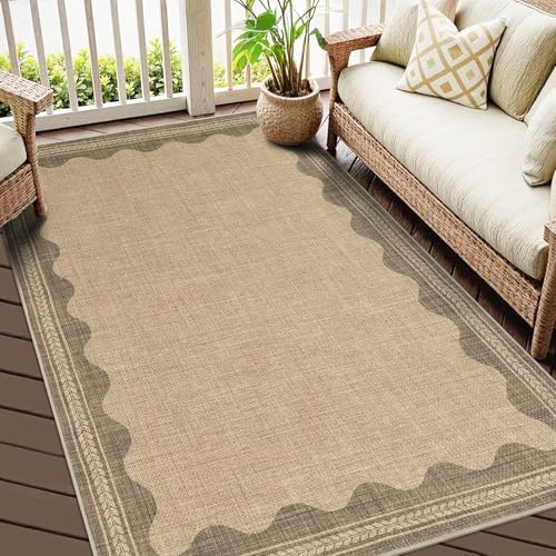 Image of Easy Jute Rug 3x5 Outdoor Rug Scalloped Washable Rugs for Entryway Non Slip Neutral Farmhouse Indoor Outdoor Carpet for Backyard Patio Office