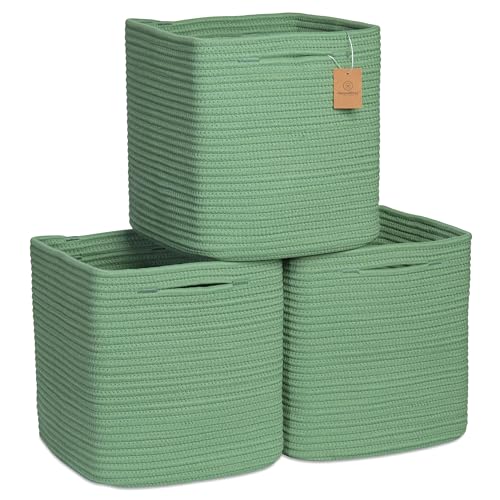 NaturalCozy Storage Cubes 11 Inch Cotton Rope Woven Baskets for Organizing, 3-Pack | Cube Storage Bin | Square Storage Baskets for Shelves Organizer,...