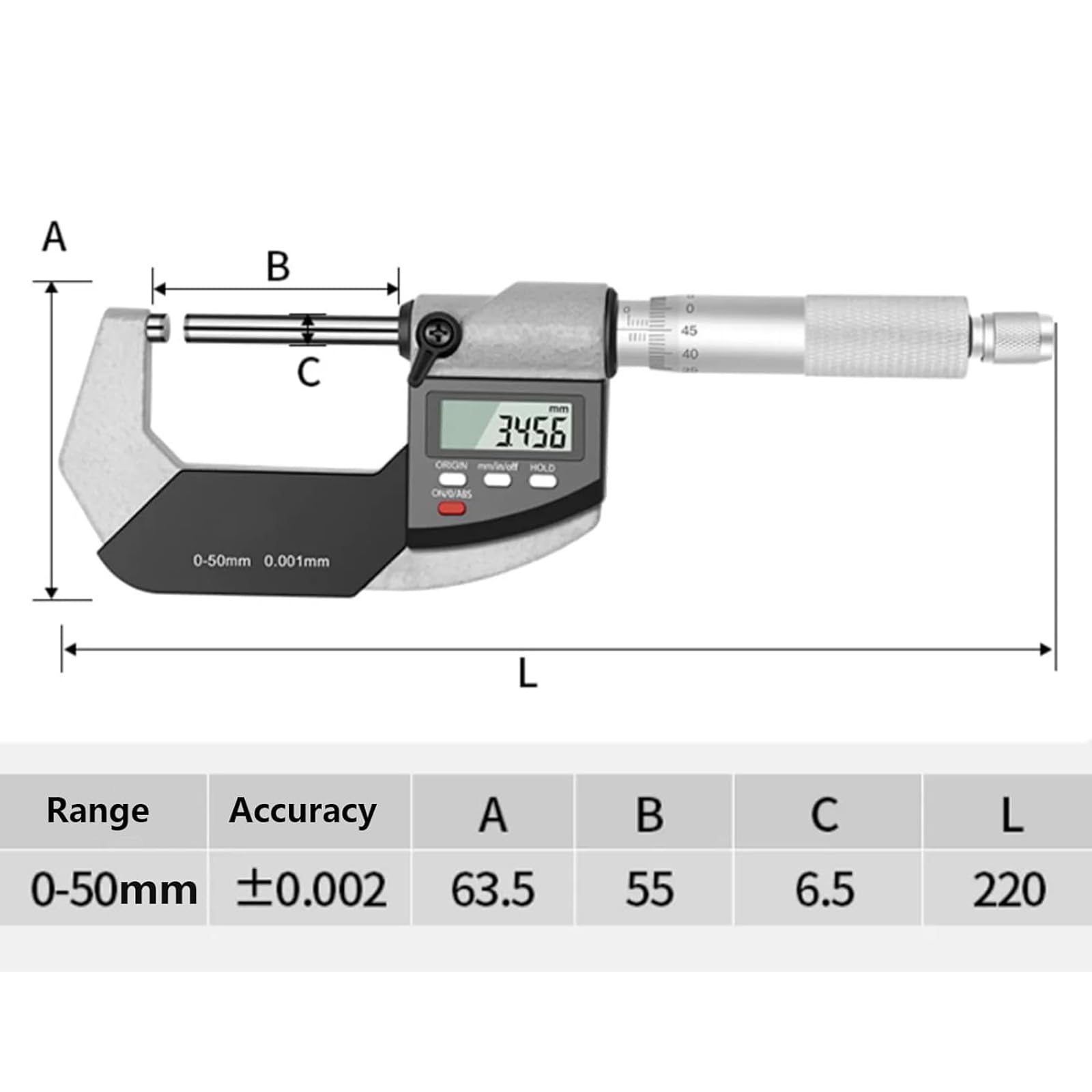 0-2" Digital Outside Micrometer, IP64 Inch/Metric Thickness Gauge 0.00005" Resolution | Precision 0.0001" accuracy, dual measurement, large LCD