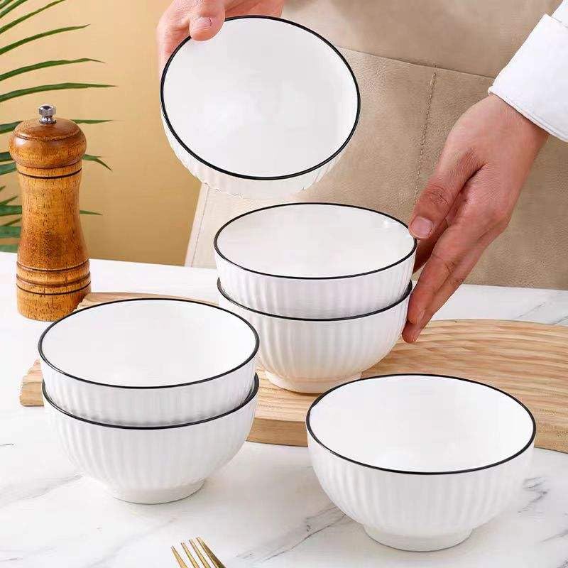 Image of Elegant White Ceramic Dessert Bowls with Black Rim - Set of 6, Ribbed Design, Perfect for Ice Cream, Desserts, Snacks, and More