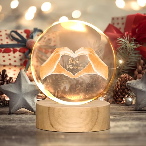 TUZELIYA 7cm Glaskugel Nachtlicht，Gravur Herz aus Zwei Händen und Text Beste Mama !Muttertagsgeschenk,Geschenke für Mama,Geschenke zum Muttertag,Muttertag
