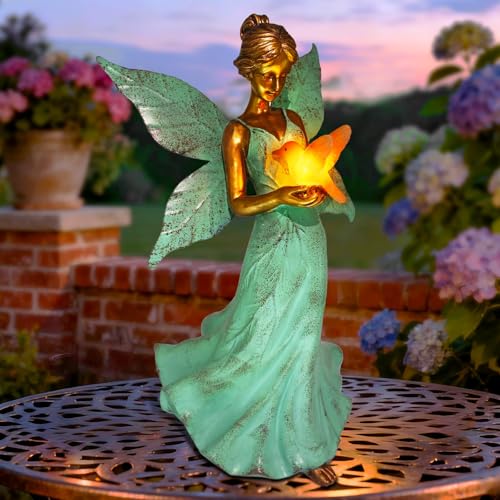 Solar Fairy Garden Statue Decor - 10 Inch Angel Girls Resin Figurine Waterproof Home Decoration with Hummingbird LED Lights for Bedroom Balcony Table Yard Patio Gifts for Women Mom Birthday