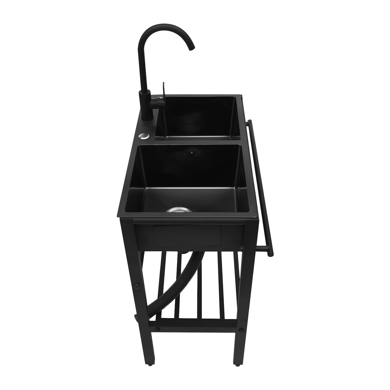 Lavello autoportante in acciaio inox, 2 vasche, 72 x 40 x 86 cm, nero