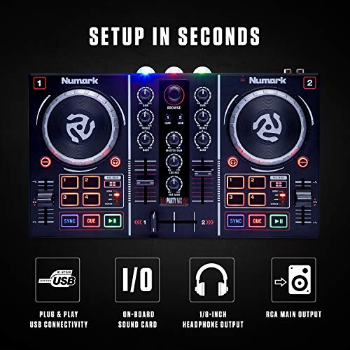 Numark Party Mix | Complete DJ Controller Set for Serato DJ with 2 Decks, Party Lights, Headphone Output, Performance Pads and Crossfader / Mixer