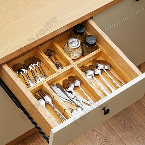 Image of Fabsome Drawer Organizer, Set of 9 Bamboo Wood Kitchen Makeup Desk Junk Tea Drawer Storage Boxes Bins for Cutlery Silverware Utensils Flatware, Small Wooden Container Tray for Bathroom, Office