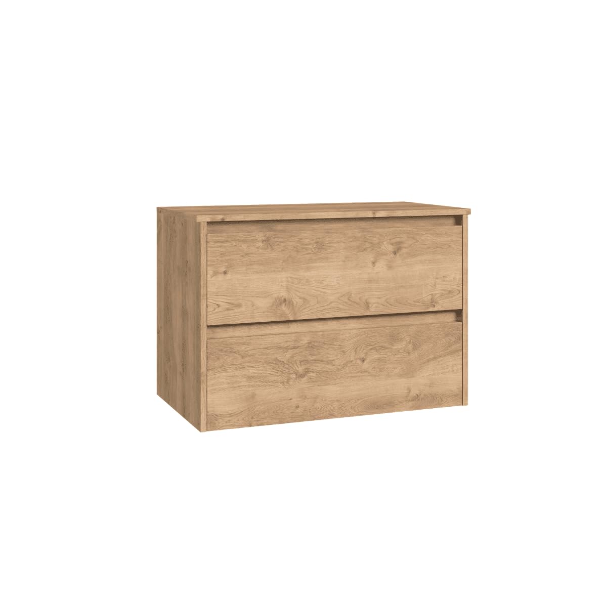 Mueble de Baño Suspendido Fondo Reducido con Lavabo Sobreponer Cerámico para Aseos | Mueble Volado 2 Cajones | 70 cm Roble Natural
