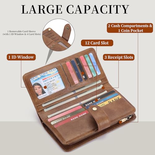 Large Capacity Genuine Leather Wallet for Women RFID Blocking Bifold with Zipper Coin Pocket (Brown)3