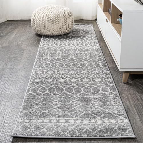 Image of JONATHAN Y Izil Moroccan Beni Souk Gray /Cream Runner Rug, 2x8, Bohemian, Scandinavian, Easy-Cleaning for Living Room, Bedroom, Kitchen, Pet Friendly, Non-Shedding (MOH209B-28)