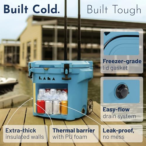 Image of Laka Cooler with Wheels - 30QT Rotomolded Insulated Rolling Hard Cooler, Telescoping Handle, Holds 24 Cans + Ice, Up to 7 Days Cold, Drain Plug, Cup Holders + Bottle Opener, Beach /Camping /Boat