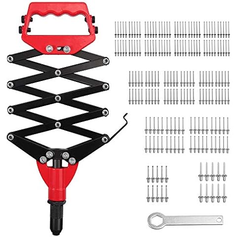 AMTOVL Pop Rivet Gun, 32 Inch Heavy Duty Rivet Gun Hand Riveter with 5 Nosepieces and 200PC Rivet, Works with Aluminum, Steel, Stainless Steel Rivets Cover