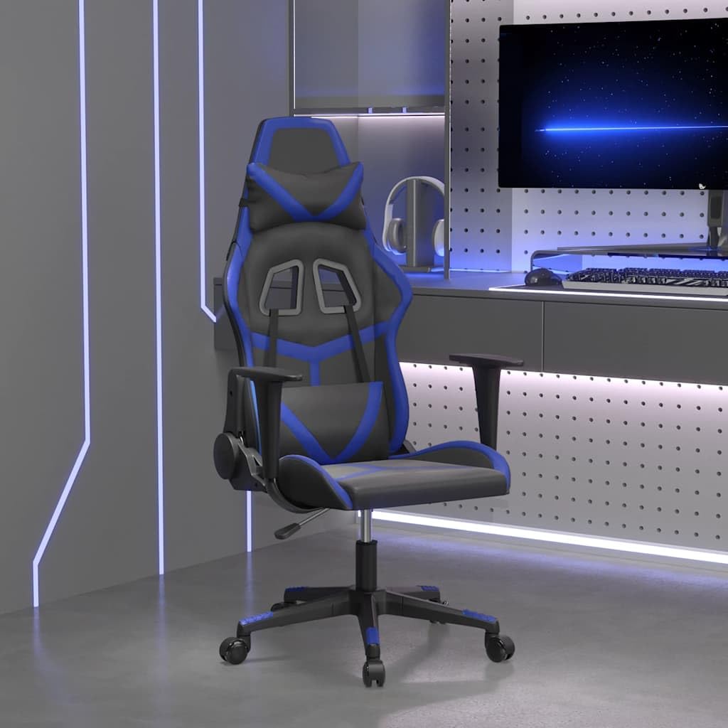 Gaming-Stuhl mit Massagefunktion Schwarz Blau Kunstleder Ergonomisch Wippfunktion Höhenverstellbar Rückenlehne Drehbar mit Armlehnen Für Homeoffice Jugend PC Esport