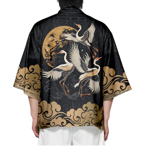 Image of DOSLAVIDA Men's Japanese Kimono Cardigan Suit Chinese Style Printed Jacket Pants Set Open Front Seven Sleeve Top & Shorts