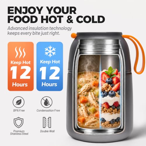Image of Insulated Thermo Food Jar for Hot & Cold Food for Kids Adult, 17 oz Soup Thermal Hot Food Containers for Lunch, Triple Layer Insulation Stainless Steel Food Jar with Spoon (Grey)