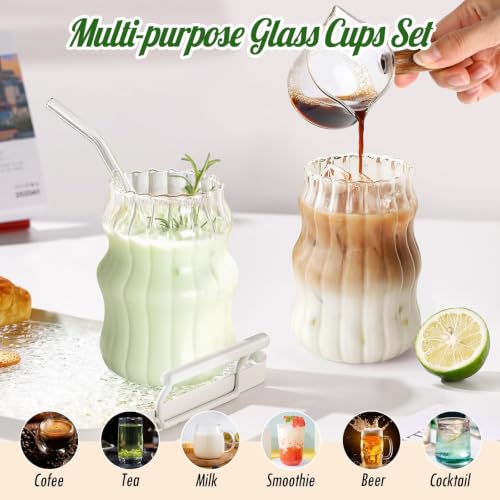 Image of Creative Glass Cups with Lids and Straw - 500ml,Set of 1, Wave Shape Cute Drinking Tumblers Ribbed Cups Vintage Ripple Glassware for Cocktail Juice Iced Coffee Tea Soda Milk