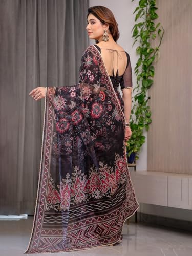 Image of ALMAARI FASHIONWomen's Floral Printed Organza Saree with Unstitched Blouse Piece | Traditional Ethnic Wear Sarees | Soft Lightweight Ethnic Office Wear Daily Wear Indian Sari (ORGANZA 121-130 H)