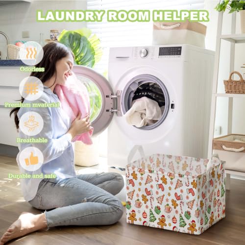 Image of Cute Christmas Gingerbread Storage Baskets, Candy & Christmas Tree Empty Gift Baskets, Winter Large Square Waterproof Canvas Laundry Hamper With PE Coating, Foldable Toy & Clothes Bins for Bedroom