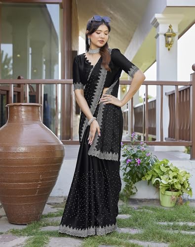 Image of Yashika Women's Hot Fix Work and Solid Color Satin Moss Saree With Unstitched Blouse Material