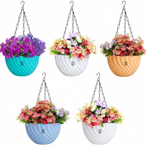 Image of Urban Upvan Hanging Planters with Chain | Uv-Protected Rattan Style Plastic Flower Pots for Balcony, Indoor Plants, Garden, Terrace & Home Decor Multicolour (Set of 5)