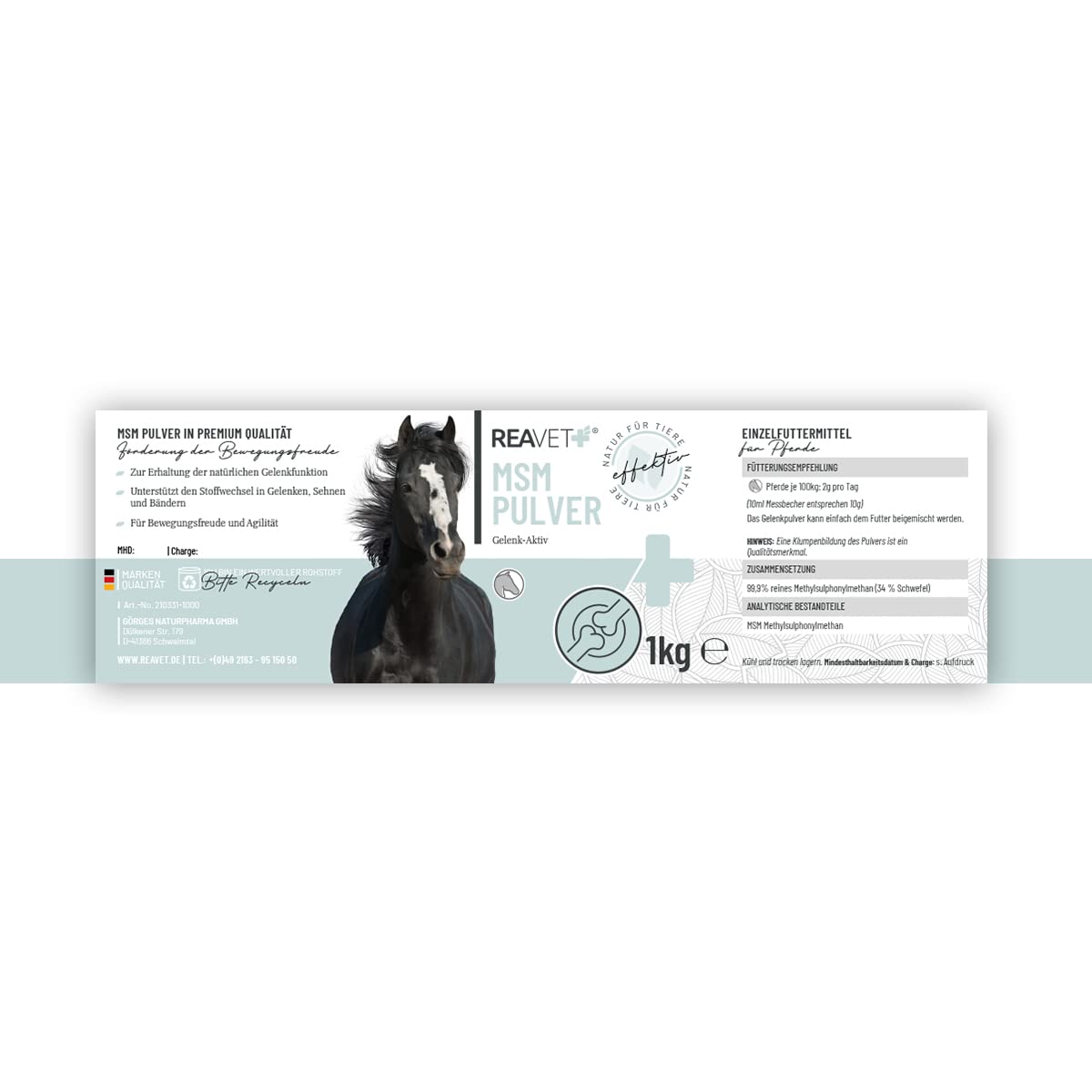 ReaVET MSM Poudre 1kg - MSM pour Chevaux, soufre Organique, Pur & Haute Dose I Poudre articulaire pour Chevaux, méthylsulfonylméthane pour Animaux