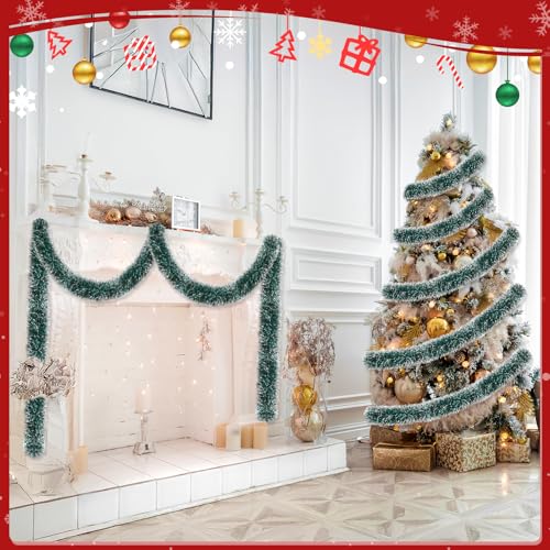 Image of 50ft Green & White Christmas Tinsel Garland - Metallic Glitter Twist Garland Hanging Streamers for Xmas Tree Decorations Indoor /Outdoor Decor
