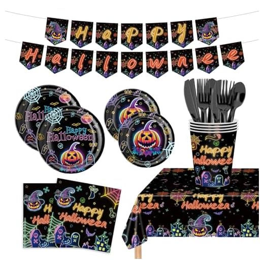 170PCS Halloween Party Plates and Napkins Set, Happy Halloween Holiday Pumpkin Ghost Dinnerware Party Decorations, Disposable Tableware for Kids Birthday Baby Shower Decor, Serve 24 Guests