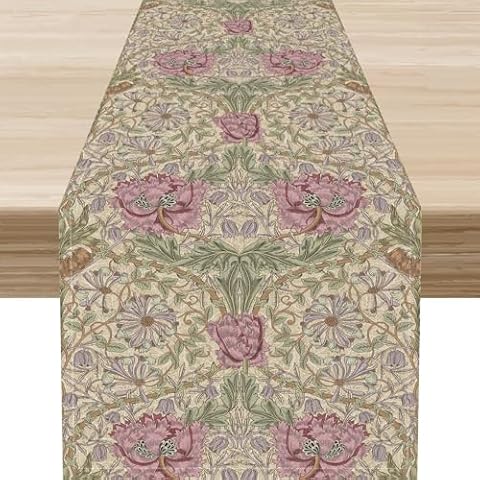 William Morris Table Runner, Retro Vintage Boho Flower Pink Floral Bohemian Botanial Print Coffee Table Center Decor for Home Kitchen Dining Patio Party Indoor Outdoor Table Decorations, 13"x72" Inch Cover