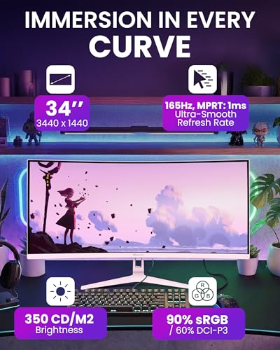 Image of Arozzi Curved Gaming Monitor Nova 34 inch VA 165Hz - Computer Monitor Ultrawide QHD 1440p - Adaptive Sync, HDR10 & Flicker Free Display - 90% sRGB Color Accuracy - PC & Console Ready - Pink